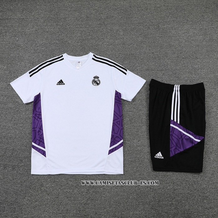 Chandal del Real Madrid 22-23 Manga Corta Blanco y Purpura - Pantalon Corto